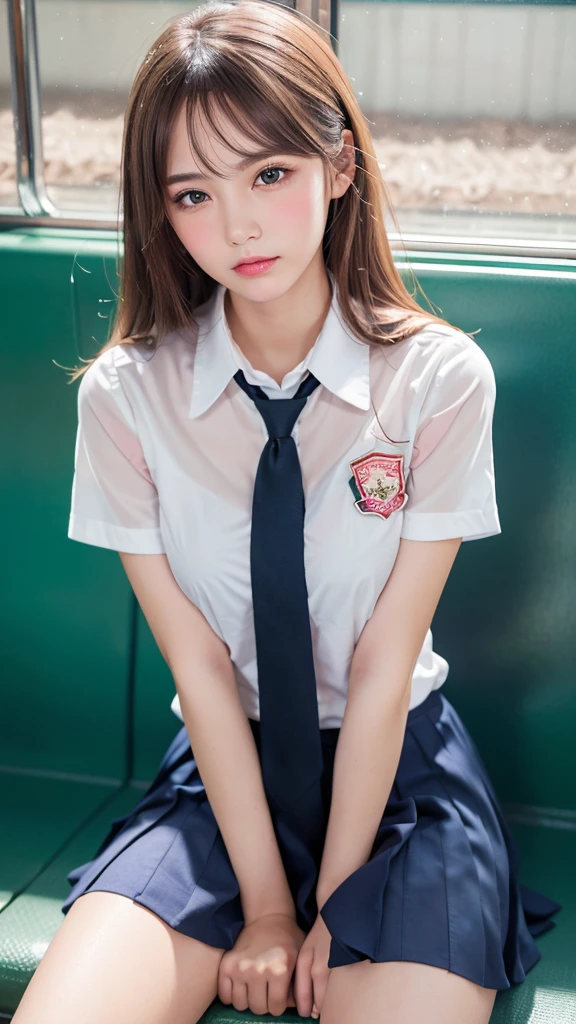 (Showing panties:1.2), (Professional portrait, Realistic and perfectly shaped subjects:1.3), (masterpiece, highest quality:1.2), (Realistic, Ultra-realistic, Realistic:1.3), (ultra High resolution), High resolution, Intricate details, Super detailed, (Highly detailed CG, unity 8k wallpaper:1.3), Clear image,
break
(1 Japanese girl, ), (cute, Slender figure), (Perfect Anatomy, Correct limbs:1.2), (Perfect hands), Perfect Arms, Beautiful and delicate face down to the last detail, Beautiful and delicate eye and eye highlights, (Very thin and delicate、not too long lashes), (Captivating eyes, Beautifully detailed eyes and face), light makeup, Pink Lip, Lip gloss, Stylish face, (Shiny skin, Realistic skin detail), Brown Hair, Plump breast,
break
((school uniform)), (High school girl), (Black socks), shirt open
break
Sitting in the train station, (Cowboy Shot), break
(((blush:1.4))), ((Embarrassing:1.4)), (((shy:1.5)))
break
from below
break