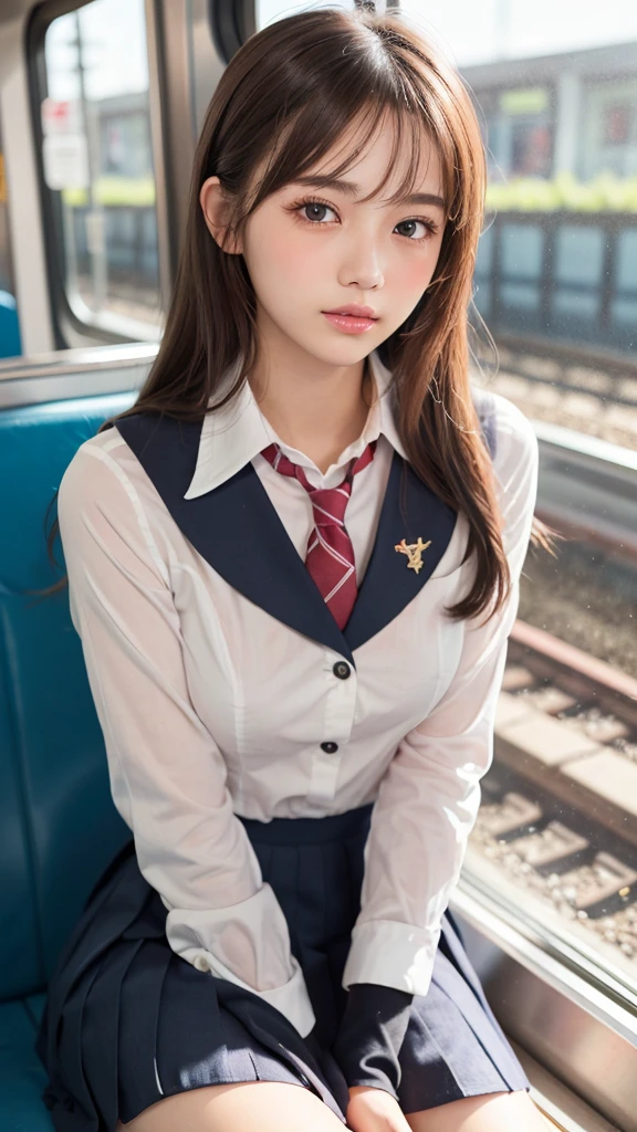 ((Female student sitting on a train seat )),charming eyes,heartwarming action,turn away from the camera,bent down,bend over,turn back,look up your head,thick long black hair,highly detailed body,highly detailed face,best quality、(P iNK underwear),(high school girl),((white blazer、chest emblem))、((translucent blouse)),((red bow tie)),((navy check flare skirt)),(black stockings)、((Out of the window, hazy skyscrapers)),((You can see the white lace panties)),((((spread legs)))),((((close your eyes))))