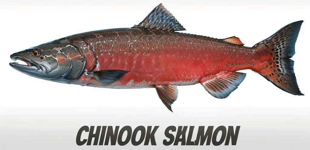 a close up of a fish with a caption of chinook salmon, salmon, salmon khoshroo, by greg rutkowski, by Greg Rutkowski, cinematic”, akihiko yoshida”, proudly holding a salmon, greg rutkowski ”, by Richard Mayhew, greg ruthkowski, best on adobe stock, promo image, ultra realistic”, ultra realistic ”