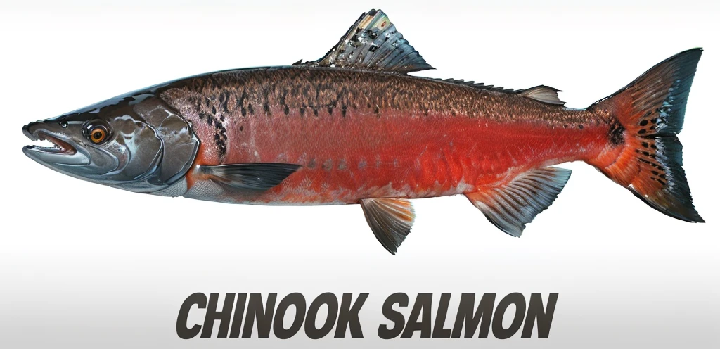 a close up of a fish with a caption of chinook salmon, salmon, salmon khoshroo, by greg rutkowski, by Greg Rutkowski, cinematic”, akihiko yoshida”, proudly holding a salmon, greg rutkowski ”, by Richard Mayhew, greg ruthkowski, best on adobe stock, promo image, ultra realistic”, ultra realistic ”