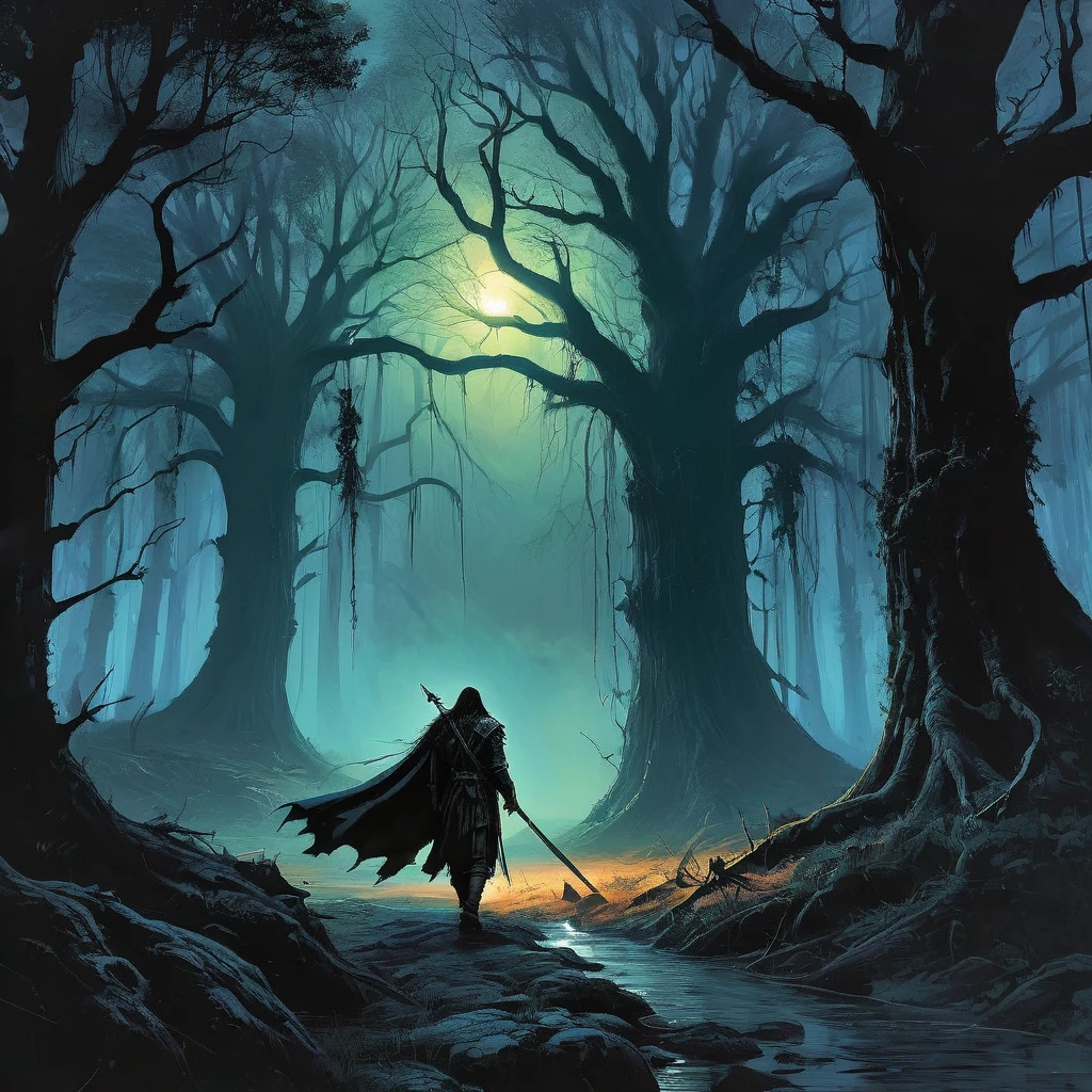 In the shadowy depths of the ancient forest, a long-haired, handsome man emerges from the gloom, his piercing eyes reflecting the faint light of the setting sun. Clad in a rugged traveler’s outfit, his leather cloak and tunic are worn from countless journeys, yet they still carry an air of nobility and purpose.

Slung over his broad shoulder is a heavy axe, its blade glinting menacingly in the twilight. In his other hand, he carries a bundle of freshly cut oakwood, each piece meticulously chosen and carefully balanced. His long, dark hair flows freely in the evening breeze, framing a face marked by both hardship and striking features.

The forest around him is dense and foreboding, the twisted trees whispering ancient secrets and the underbrush alive with the sounds of unseen creatures. The path he walks is barely visible, overgrown with roots and foliage, leading deeper into the heart of the woods where few dare to venture.

As he strides forward, his demeanor is calm yet vigilant, aware of the lurking dangers that might spring from the shadows at any moment. The darkening sky above casts an eerie glow on the landscape, enhancing the mystical and ominous atmosphere.

What drives this enigmatic traveler to venture into such perilous lands? What dark forces lie in wait within the depths of the forest, and what is his connection to them? This AI-generated image captures the essence of a dark medieval fantasy world, where every step taken by the lone traveler is fraught with mystery and danger."