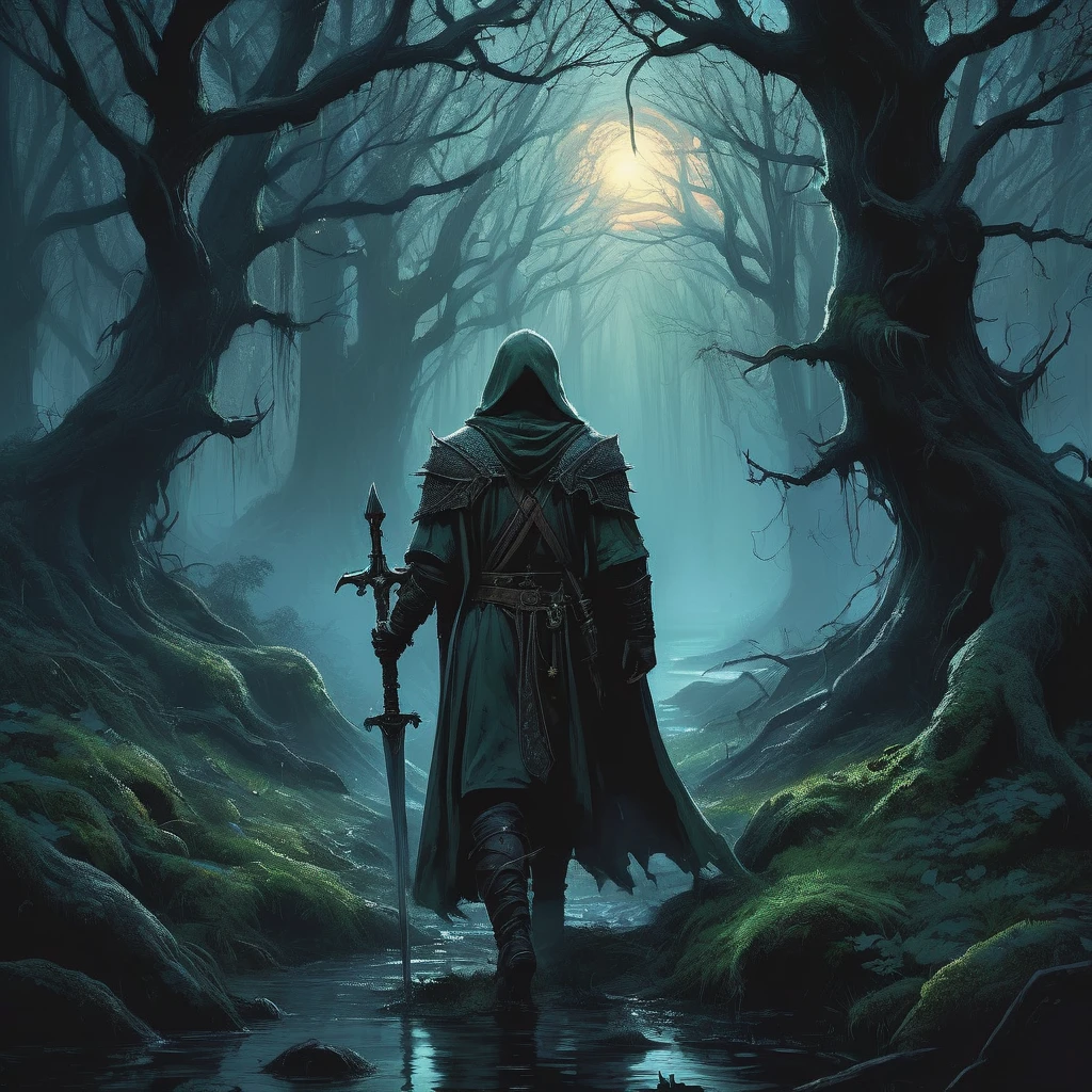 In the shadowy depths of the ancient forest, a long-haired, handsome man emerges from the gloom, his piercing eyes reflecting the faint light of the setting sun. Clad in a rugged traveler’s outfit, his leather cloak and tunic are worn from countless journeys, yet they still carry an air of nobility and purpose.

Slung over his broad shoulder is a heavy axe, its blade glinting menacingly in the twilight. In his other hand, he carries a bundle of freshly cut oakwood, each piece meticulously chosen and carefully balanced. His long, dark hair flows freely in the evening breeze, framing a face marked by both hardship and striking features.

The forest around him is dense and foreboding, the twisted trees whispering ancient secrets and the underbrush alive with the sounds of unseen creatures. The path he walks is barely visible, overgrown with roots and foliage, leading deeper into the heart of the woods where few dare to venture.

As he strides forward, his demeanor is calm yet vigilant, aware of the lurking dangers that might spring from the shadows at any moment. The darkening sky above casts an eerie glow on the landscape, enhancing the mystical and ominous atmosphere.

What drives this enigmatic traveler to venture into such perilous lands? What dark forces lie in wait within the depths of the forest, and what is his connection to them? This AI-generated image captures the essence of a dark medieval fantasy world, where every step taken by the lone traveler is fraught with mystery and danger."