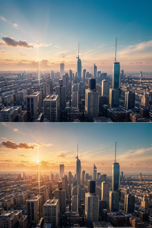 create a photo of an evening city with the sun, which goes over the horizon