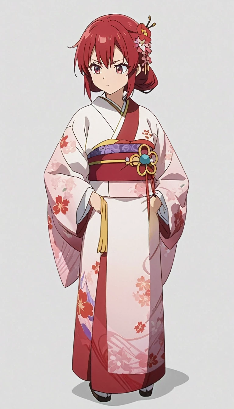 masterpiece, Highest quality, {Highest quality}, {{masterpiece}}, {High resolution}, concentrated, Anime Style, , Anime Images, long red hair,kimono、Plum blossom accessories、Red Eyes、梅の花の柄のkimono、whole body、Pure white background、Plain background