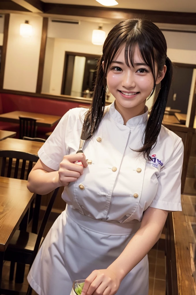 At a restaurant、waitress、Big Breasts、smile、Wet with 、Carry dishes、Twin tails