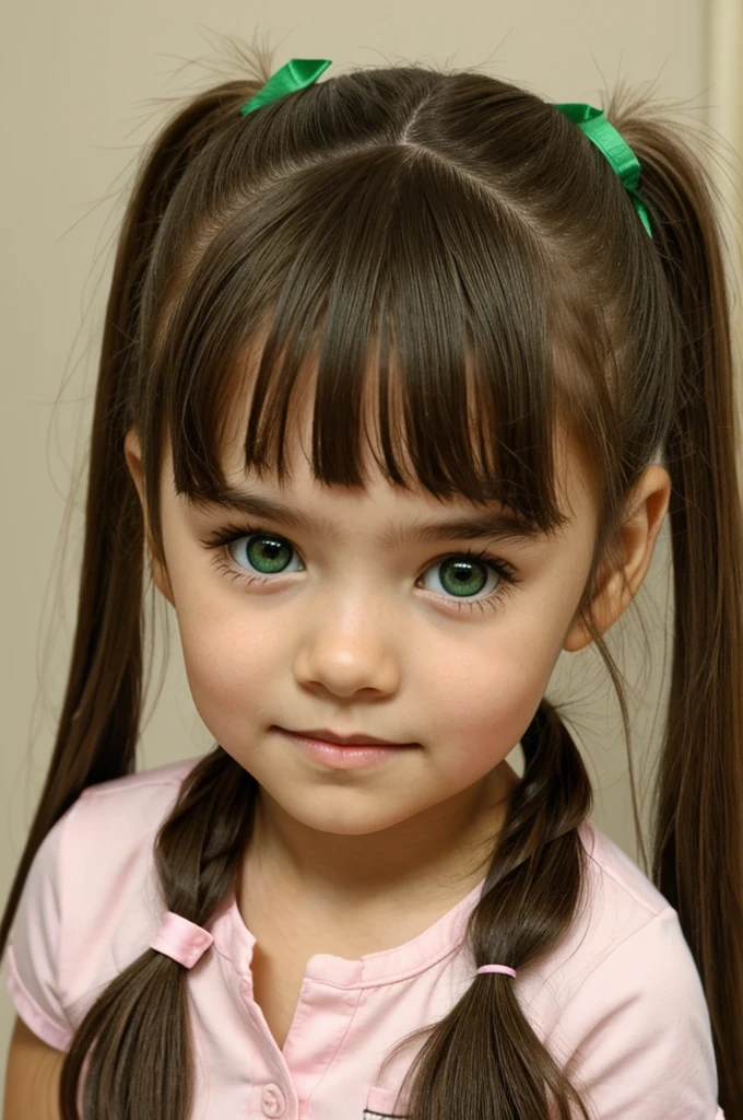 , long brown hair in two pigtails, green eyes, 6