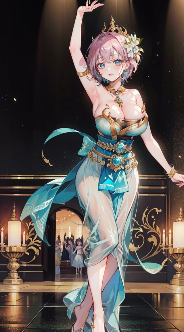 (2 young women ,beautiful woman),smile,(light green short hair),nobility,(princess),blue student,Tall figure,((Strapless Thai dress)),low skirt,(Strapless Thai dressที่ไม่ทีสาย),ta skirt,Show your legs,Barefoot,red carpet,prom website,(nobility),(big tits),(Various poses),Highest quality、Highest picture quality、Masterpiece,, ,(((Umbilical drive,dance,dance,Thai dance))),(large areolae:1.4,pink,The nipples are clearly visible......),(((bare breast:1.37)))
