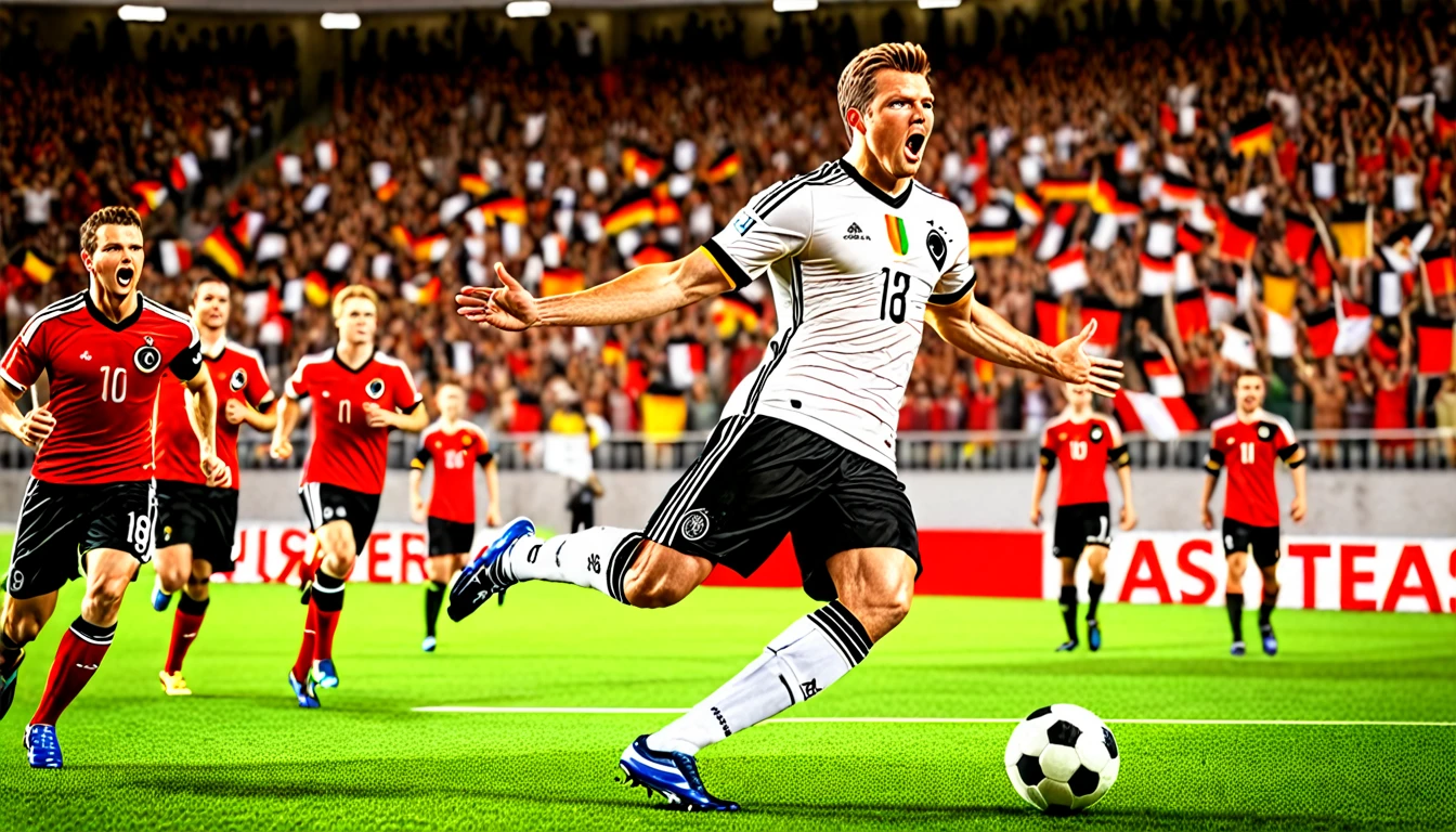 high quality, hyperdetailed, 3d, dynamic, dramatic lighting, highly detailed, photorealistic, 1 german male soccer team, soccer players, athletes, football, soccer, team, sports, sports uniforms, soccer jerseys, cleats, soccer ball, soccer field, stadium, crowds, cheering fans, flags, banners, action pose, muscular figures, sweat, motion blur, depth of field, germnan flag on jersey