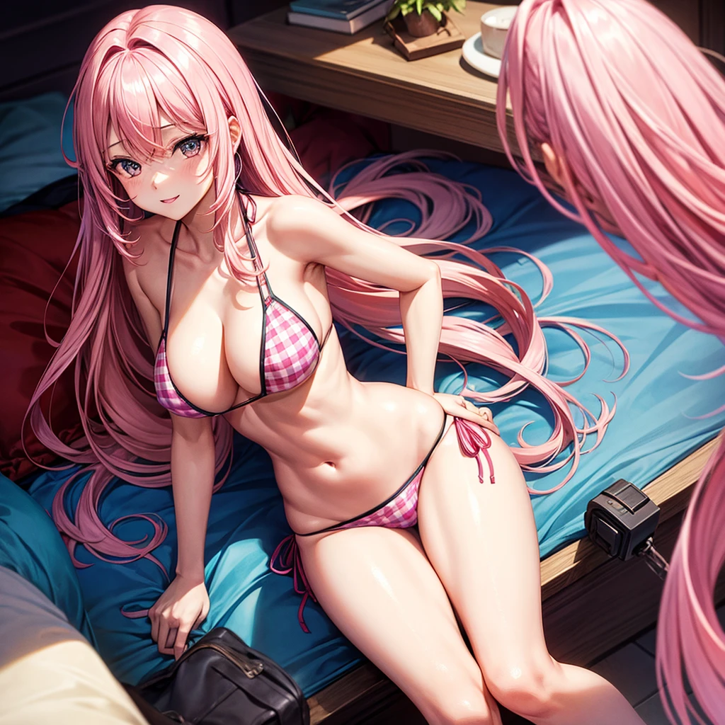 Half girl in a bikini with long pink hair and big bhe bedroom with a checker