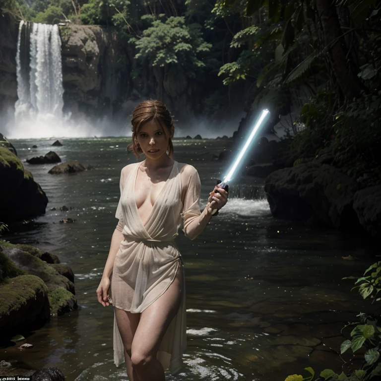 Kate Mara (age 25), is a jedi (dressed appropriate t the scene). She is on an alien jungle world and has stopped to shower under a waterfall. Separated from her robe wearing only a small sheer white under garment, she calls her lightsaber from the shore and assumes a fighting stance as she senses danger