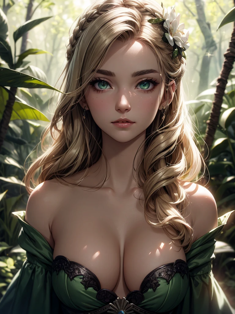 modelshoot style, Beautiful (Margaery Tyrell) from Game of Thrones, gorgeous face, (detailed facial features), green eyes, long light brown hair, 20 years old, ultra detailed texture green dress, jewelry, plunging neckline, flowers, forest, fantasy, ntricate, flowing, elegant, white magic,best quality masterpiece, photorealistic, detailed, 8k, HDR, shallow depth of field, broad light, high contrast, backlighting, bloom, light sparkles, chromatic aberration, sharp focus, RAW color photo, , inviting expression, happy, love, fantasy cleavage
, sultry look, seductive,