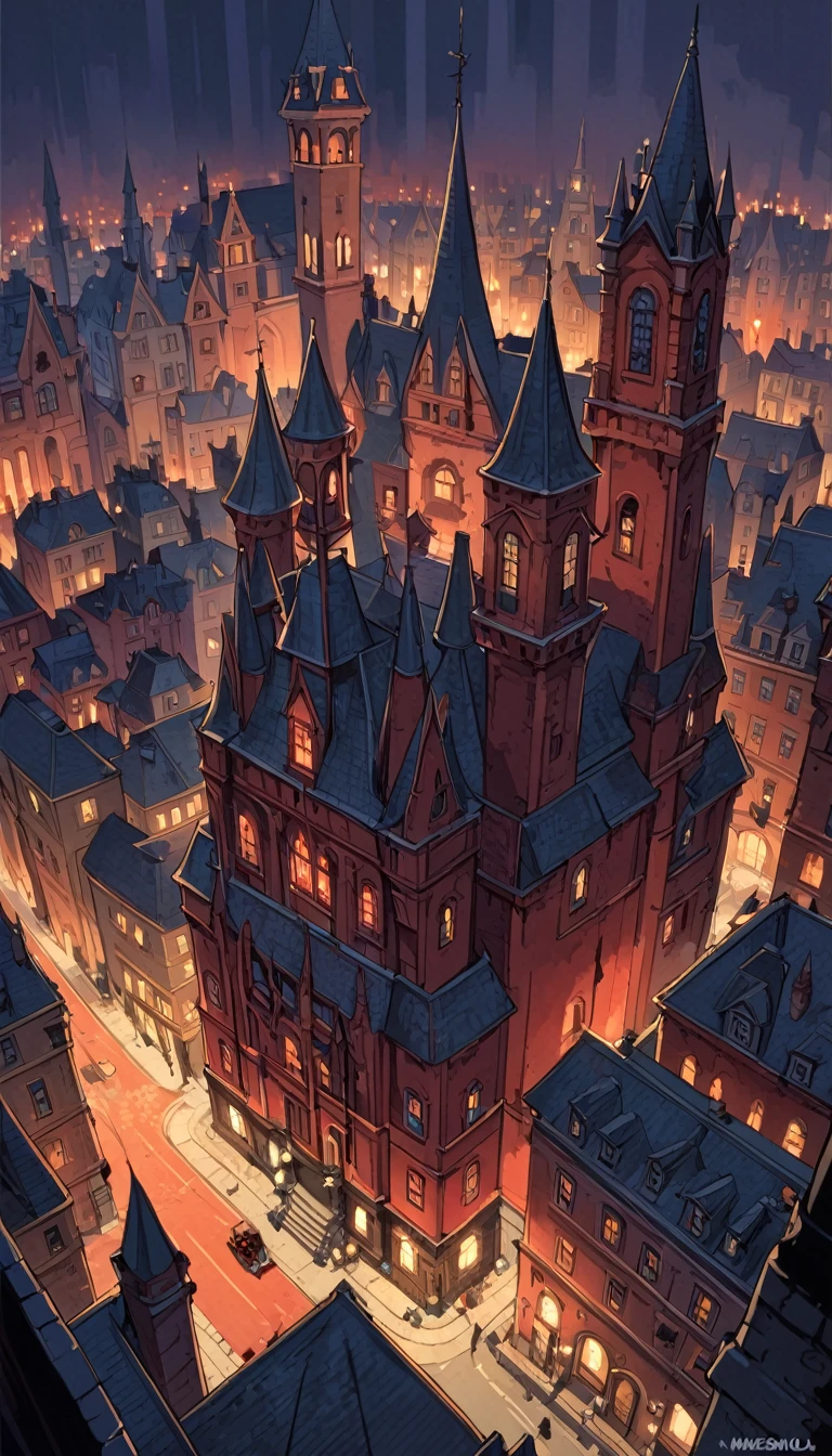 city ​​of vampires: 1.5, night, great detail of buildings, towers,(art inspired Mike Mignola)