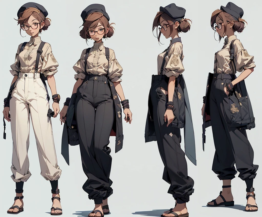 (mature woman), (age 25 years), ((Exquisite Face), (There are complete details...)), (Jitai pose), (Wear glasses), (slight smile), ((Sexy Eyes), (eyes looking straight.)), (Clear 8K images), ((Medium camera angle showing thighs), (standing pose)), (Anime style), (suspenders), (master-piece), ((There are body details..., (perfect hands), (perfect feet)), (line art), ((Character concept art)), ((Character design sheet, Same character.., front-view, Side View, Reverse view, three-quarter view)), 6 half full heads, (tomboy), (long pants), (chilote cap)