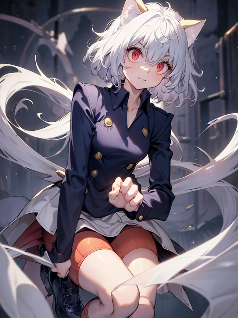 silver hair, short and curly hair, cat ears, red eyes, large pupils, double eyelids, slender eyebrows, long eyelashes, small nose, small mouth, sharp jawline, blue military-style coat, six gold buttons, short red striped skirt, high collar, long sleeves, slender wrists, flexible fingers, white skin, cat-like claws, red striped knee-high socks, blue shoes, sturdy soles, slender ankles, small feet, long legs, muscular thighs, thin waist, wide shoulders, cat-like gaze, long neck, straight shoulder line, straight back, muscular arms, long fingers, firm upper arms, soft hands, small palms, cat-like smile, serious furrowed brows, pointed ears, pink inside of ears, thin eyelids, upward curled eyelashes, vertical slit pupils, cat whisker-like cheek markings, many lower eyelashes, small nostrils, thin lips, pointed chin, protruding collarbones, straight posture, high ????, muscular thighs, pointed knees, well-fitted socks, neatly tied shoelaces, soft cat ears, rounded ear tips, soft fluffy hair, thin eyebrows, light pink lips, white teeth, well-shaped lips, smooth skin, sensitive ears, reflective pupils, heavy eyelids, slightly curved cat ears, well-fitted coat, wide skirt hem, shining buttons, slightly old shoes, hair waving in wind, sparkling pupils, moving cat ears, nighttime forest background, moonlight, starry night sky, G-cup ?????, cocky cat-like expression, thick glossy thighs and ????.