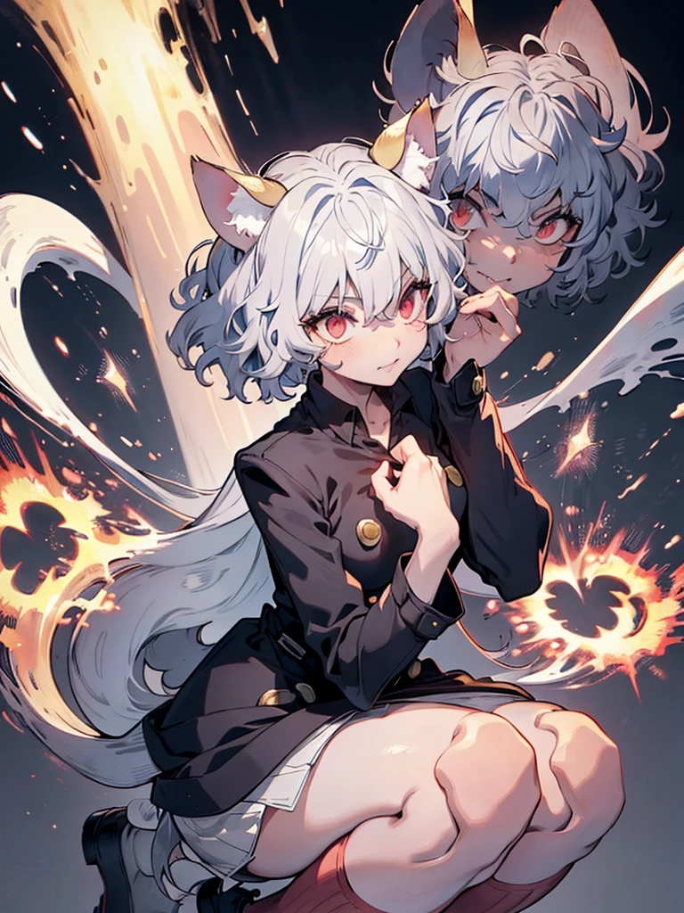 silver hair, short and curly hair, cat ears, red eyes, large pupils, double eyelids, slender eyebrows, long eyelashes, small nose, small mouth, sharp jawline, blue military-style coat, six gold buttons, short red striped skirt, high collar, long sleeves, slender wrists, flexible fingers, white skin, cat-like claws, red striped knee-high socks, blue shoes, sturdy soles, slender ankles, small feet, long legs, muscular thighs, thin waist, wide shoulders, cat-like gaze, long neck, straight shoulder line, straight back, muscular arms, long fingers, firm upper arms, soft hands, small palms, cat-like smile, serious furrowed brows, pointed ears, pink inside of ears, thin eyelids, upward curled eyelashes, vertical slit pupils, cat whisker-like cheek markings, many lower eyelashes, small nostrils, thin lips, pointed chin, protruding collarbones, straight posture, high hips, muscular thighs, pointed knees, well-fitted socks, neatly tied shoelaces, soft cat ears, rounded ear tips, soft fluffy hair, thin eyebrows, light pink lips, white teeth, well-shaped lips, smooth skin, sensitive ears, reflective pupils, heavy eyelids, slightly curved cat ears, well-fitted coat, wide skirt hem, shining buttons, slightly old shoes, hair waving in wind, sparkling pupils, moving cat ears, nighttime forest background, moonlight, starry night sky, G-cup chest, cocky cat-like expression, thick glossy thighs and hips.