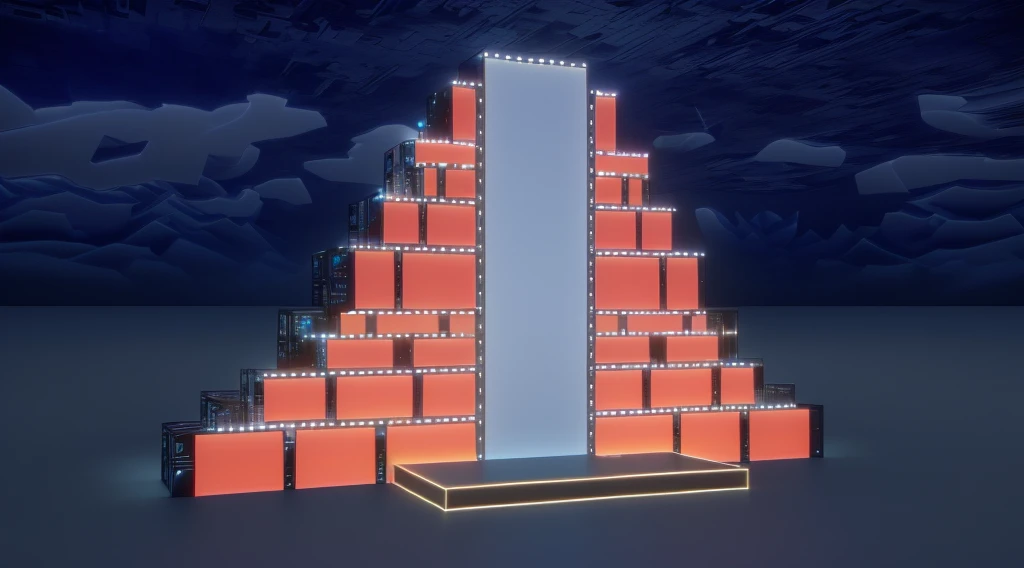 There is a tall building,There are a lot of lights on it, The back of the scene design element, depicted as a 3 d render, Set design, Stage lighting, Set Photo, Virtual Scene, detailed Set design, Pageant rendering, 3D rendering style, Stage Background, raytraced 3d Set design, 3D rendering evenly lit, monument