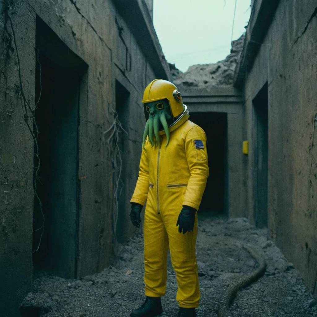 Horror-themed, In an ancient and mysterious city a person wearing a yellow helmet with yellow spikes on it carcosa city style, Don Bluth Style ASTRONAUT Cthulhu yellow Toon Doll, full body RAW candid cinema, cyan hair, 16mm, color graded portra 400 film, Eerie, unsettling, dark, spooky, suspenseful, grim, highly detailed