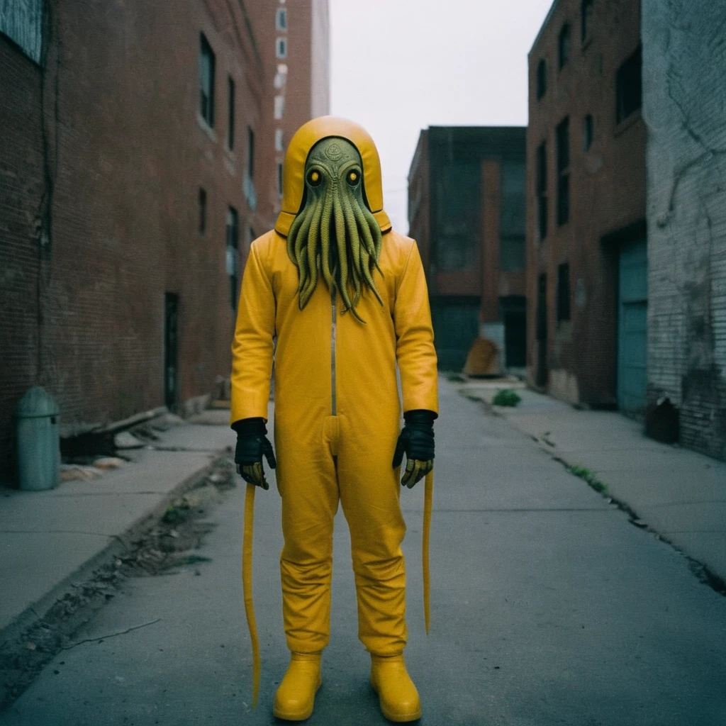 Horror-themed,  In an ancient and mysterious city a person wearing a yellow helmet with yellow spikes on it carcosa city style, Don Bluth Style ASTRONAUT Cthulhu yellow Toon Doll, full body RAW candid cinema, cyan hair, 16mm, color graded portra 400 film, Eerie, unsettling, dark, spooky, suspenseful, grim, highly detailed