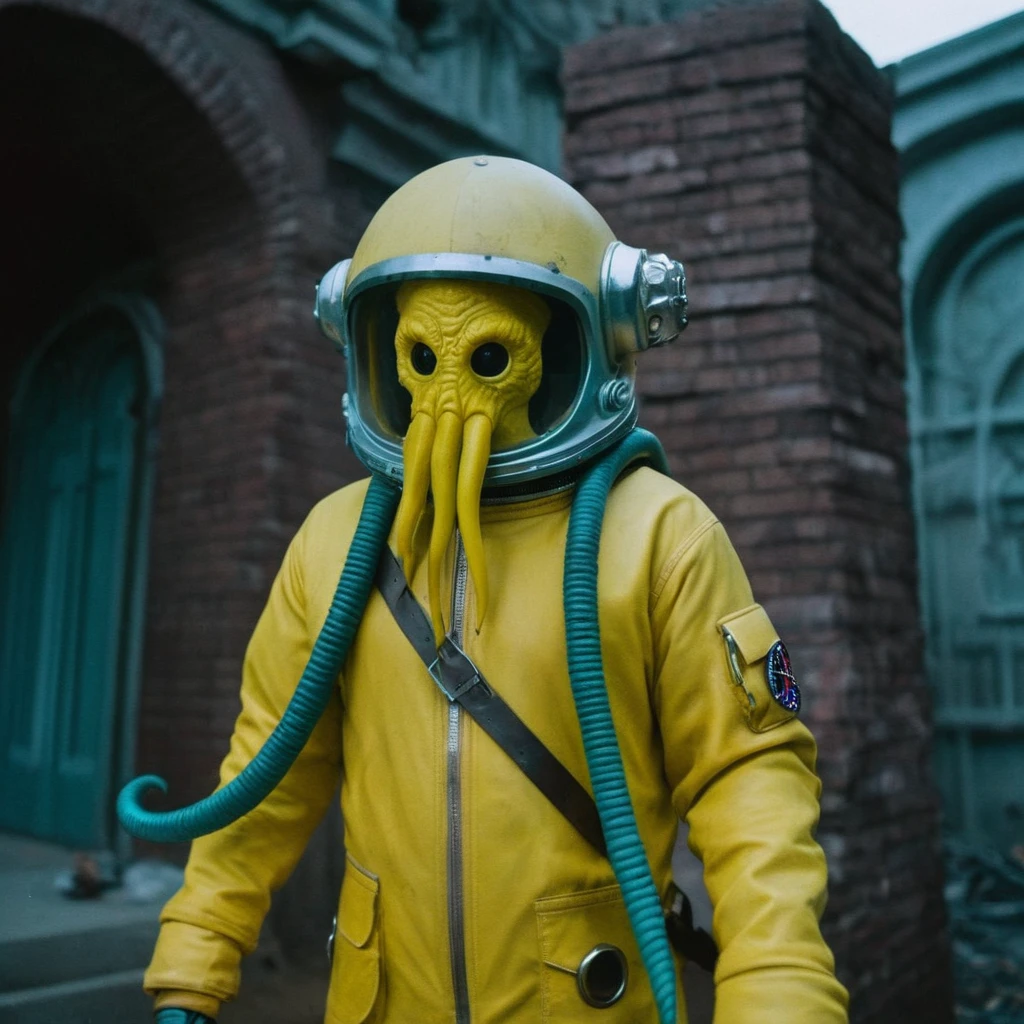 Horror-themed,  In an ancient and mysterious city a person wearing a yellow helmet with yellow spikes on it carcosa city style, Don Bluth Style ASTRONAUT Cthulhu yellow Toon Doll, full body RAW candid cinema, cyan hair, 16mm, color graded portra 400 film, Eerie, unsettling, dark, spooky, suspenseful, grim, highly detailed