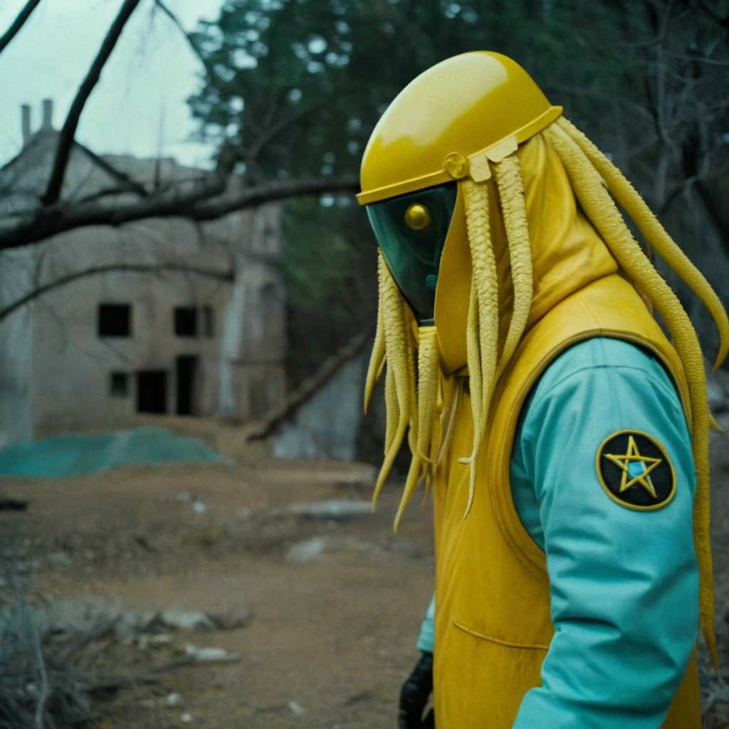 Horror-themed,  In an ancient and mysterious city a person wearing a yellow helmet with yellow spikes on it carcosa city style, Don Bluth Style ASTRONAUT Cthulhu yellow Toon Doll, full body RAW candid cinema, cyan hair, 16mm, color graded portra 400 film, Eerie, unsettling, dark, spooky, suspenseful, grim, highly detailed