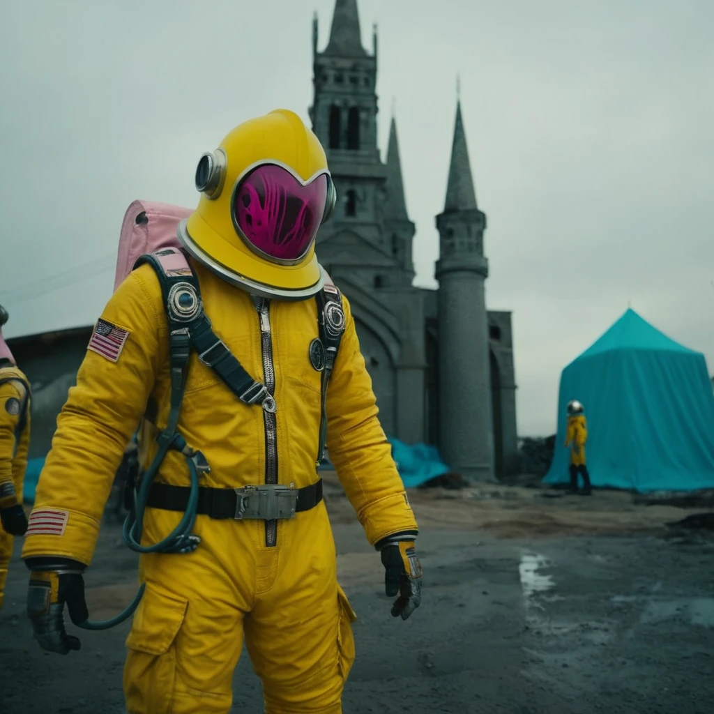 Horror-themed, In an ancient and mysterious city a person wearing a yellow helmet with pink dark spikes on it carcosa city style, Don Bluth Style ASTRONAUT Cthulhu yellow Toon Doll, full body RAW candid cinema, cyan hair, 16mm, color graded portra 400 film, Eerie, unsettling, dark, spooky, suspenseful, grim, highly detailed, titanium decorative headdress, cinematic, trending on artstation | Isometric | Centered