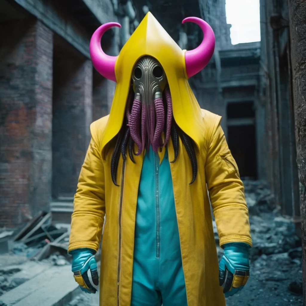 Horror-themed,  In an ancient and mysterious city a person wearing a yellow helmet with pink dark spikes on it carcosa city style, Don Bluth Style ASTRONAUT Cthulhu yellow Toon Doll, full body RAW candid cinema, cyan hair, 16mm, color graded portra 400 film, Eerie, unsettling, dark, spooky, suspenseful, grim, highly detailed, titanium decorative headdress, cinematic, trending on artstation | Isometric | Centered