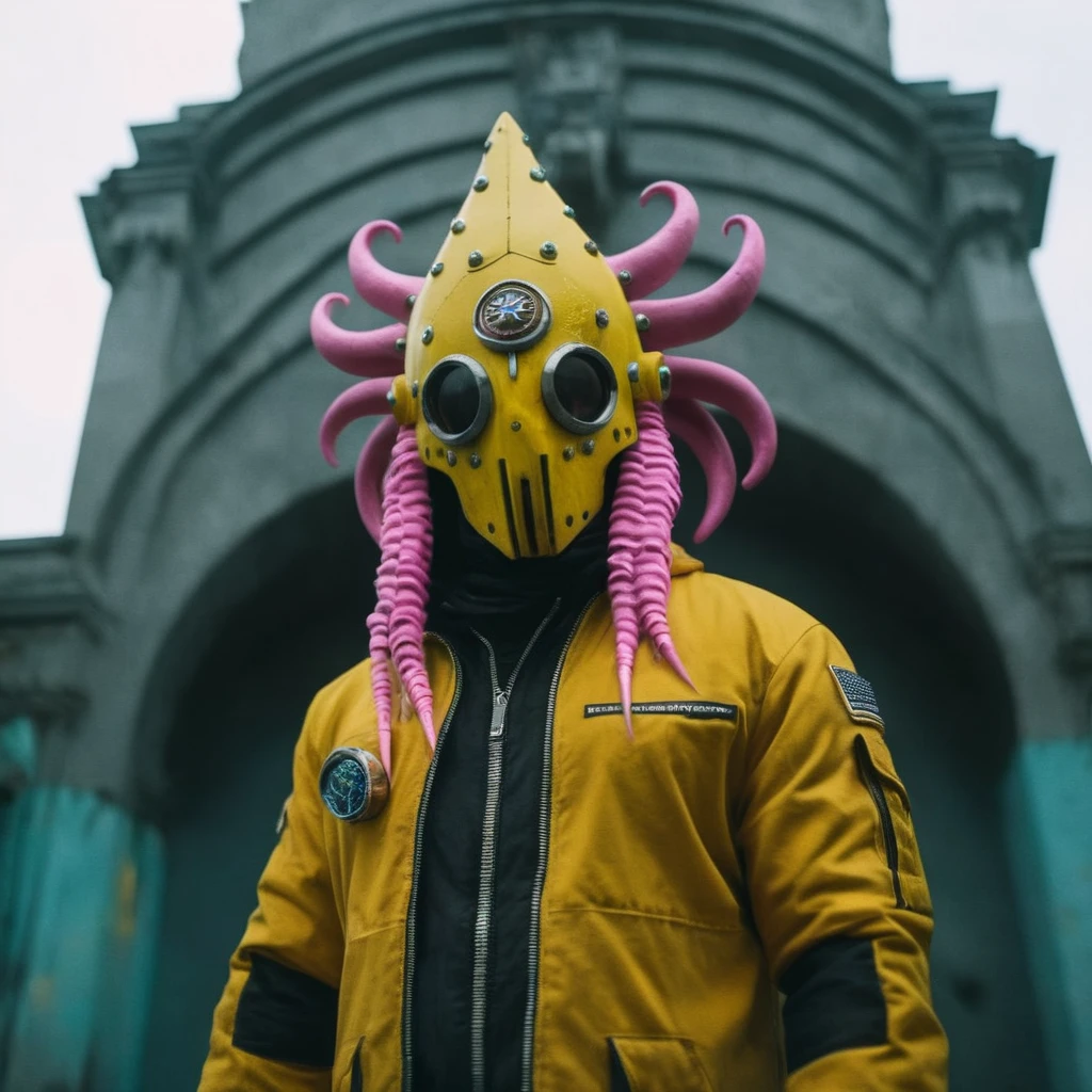 Horror-themed,  In an ancient and mysterious city a person wearing a yellow helmet with pink dark spikes on it carcosa city style, Don Bluth Style ASTRONAUT Cthulhu yellow Toon Doll, full body RAW candid cinema, cyan hair, 16mm, color graded portra 400 film, Eerie, unsettling, dark, spooky, suspenseful, grim, highly detailed, titanium decorative headdress, cinematic, trending on artstation | Isometric | Centered