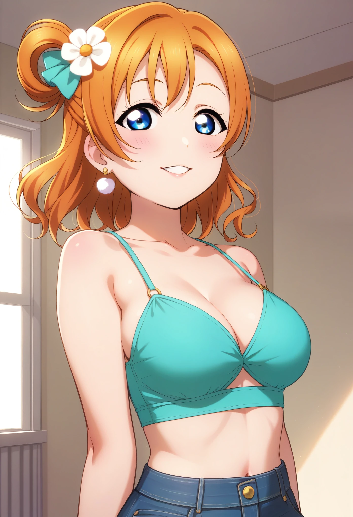 Honoka kousaka love live, blue eyes, orange hair,hair flower, solo, Fashion ,closeup cleavage, boobgasm, bshoulders, perfect  eyes, Perfect iris，Perfect skin，Soft front light，Casual，indoors；（pastel colour：1.2）