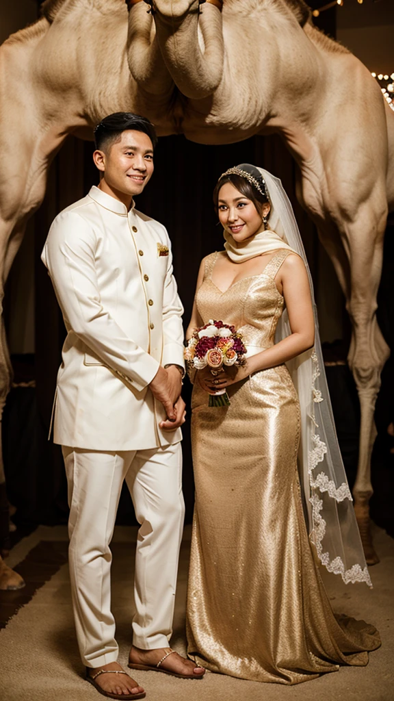 Realistic of filipino couple wedding and wearing a wedding ,hijab costume the background is dessert and camel.