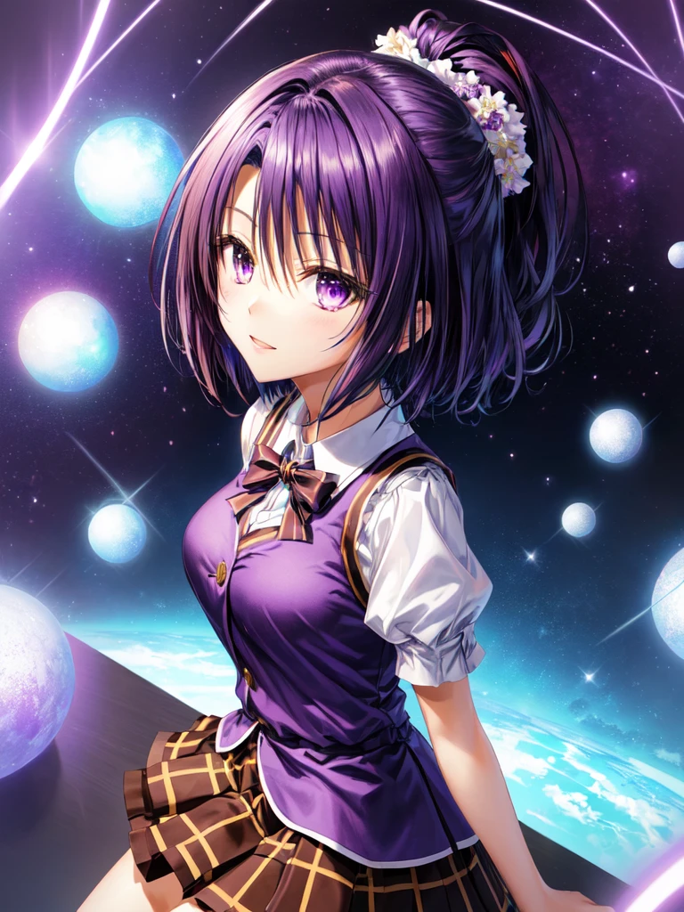 kanade suzu,standing,dark puple fluffy hair,dark purple eyes,short hair,uniform,black shirt,brown skirt