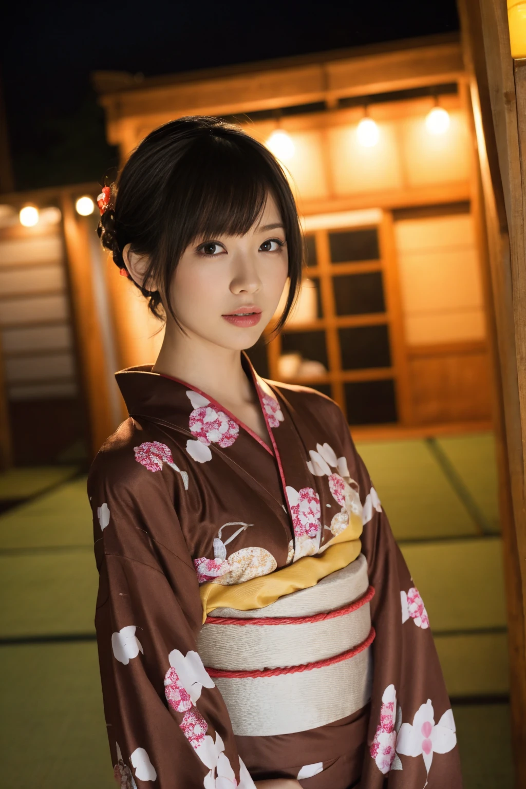 1 woman, hair up, short bob, 28 years old, Japanese, brown eyes, brown hair, slim figure, flat chest,
Blake
See-through yukata, summer festival, night, 