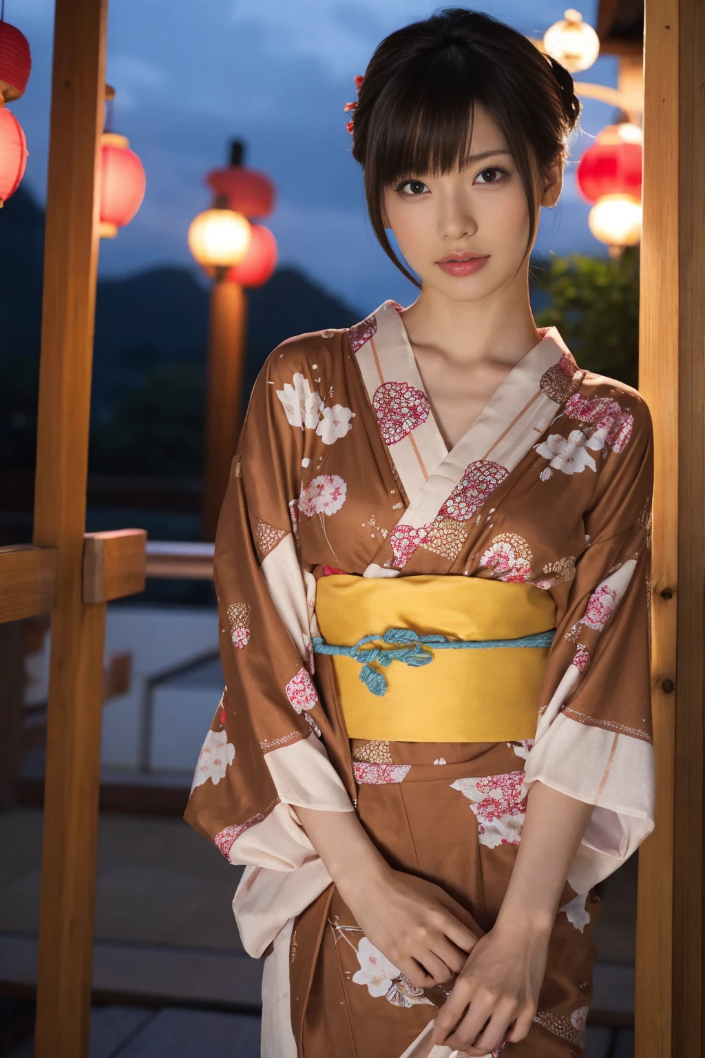 1 woman, hair up, short bob, 28 years old, Japanese, brown eyes, brown hair, slim figure, flat chest,
Blake
See-through yukata, summer festival, night, 