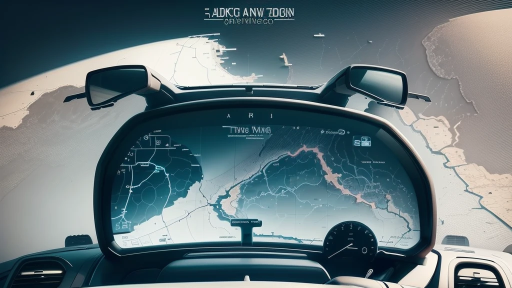 "Generate an image of a satellite navigation map displayed on a car's dashboard. The map should be shown from a front-facing view. The style of the photo should be natural and minimalistic, with a touch of science fiction. The image should be bright with natural colors."