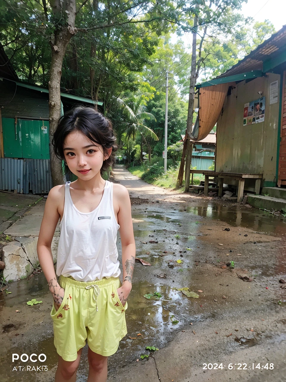 very adorable filipino girl, , (masterpiece: 1 .5), (Raw photo: 1 .5), 8K, UHD, surreal, photo-realistic, sunburned skin, highest quality, white camisole, ultra tight denim bootie shorts, Seduce the viewer with a hut, small breasts, looking at the viewer, From above, super beautiful face, seductive pose, Super suggestive, open clothes, very seductive face, (spread your legs: 1 .4), lying on the floor, black hair, highly detailed face, (High resolution: 1 .5), (wet in the rain: 1 .5), (transparent clothes: 1 .5),