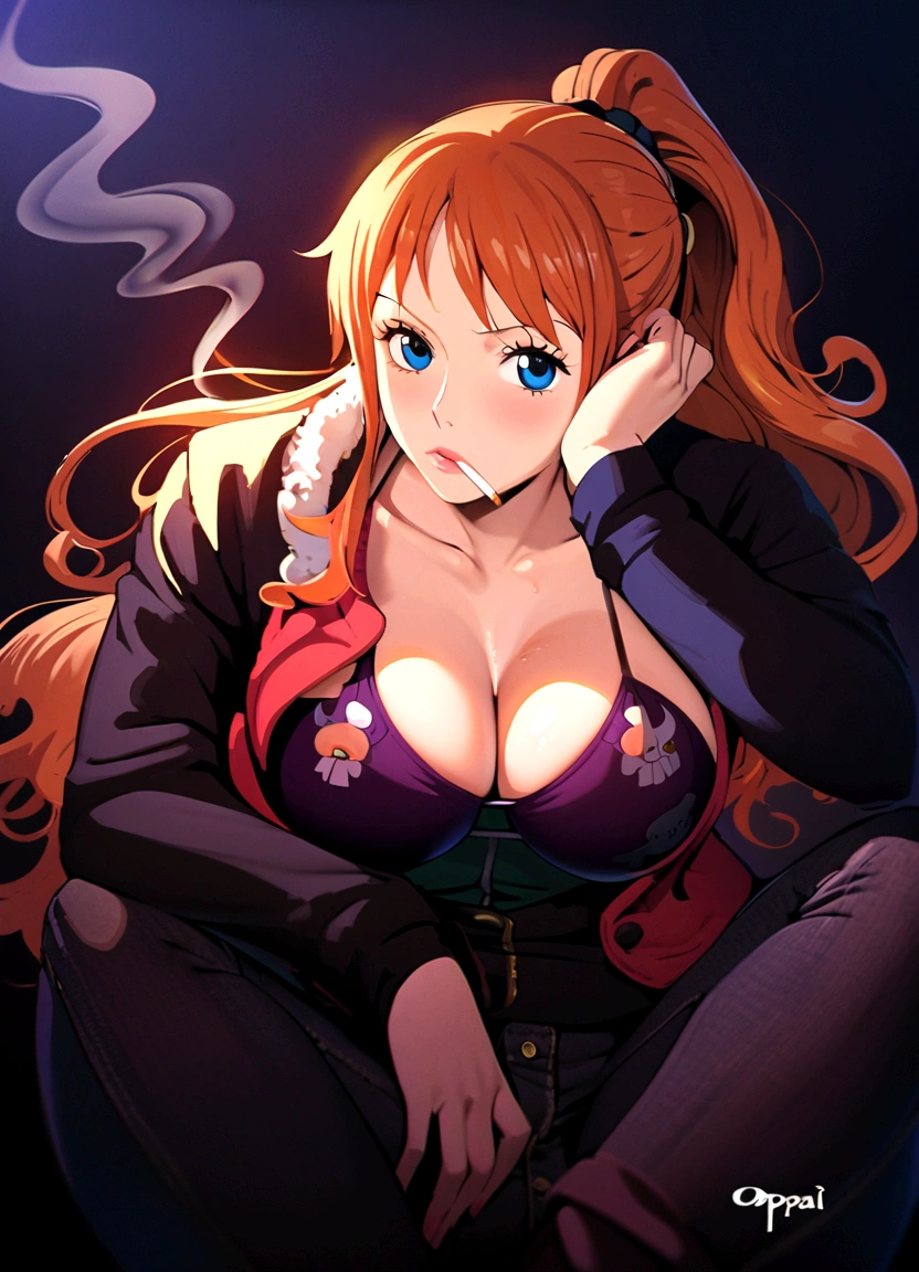 a cartoon picture of a woman in a bikini top and jeans, nami one piece, nami from one piece, nami, beautiful portrait of nami, from one piece, oppai, blue eyes, smoking, ponytail, nsfw