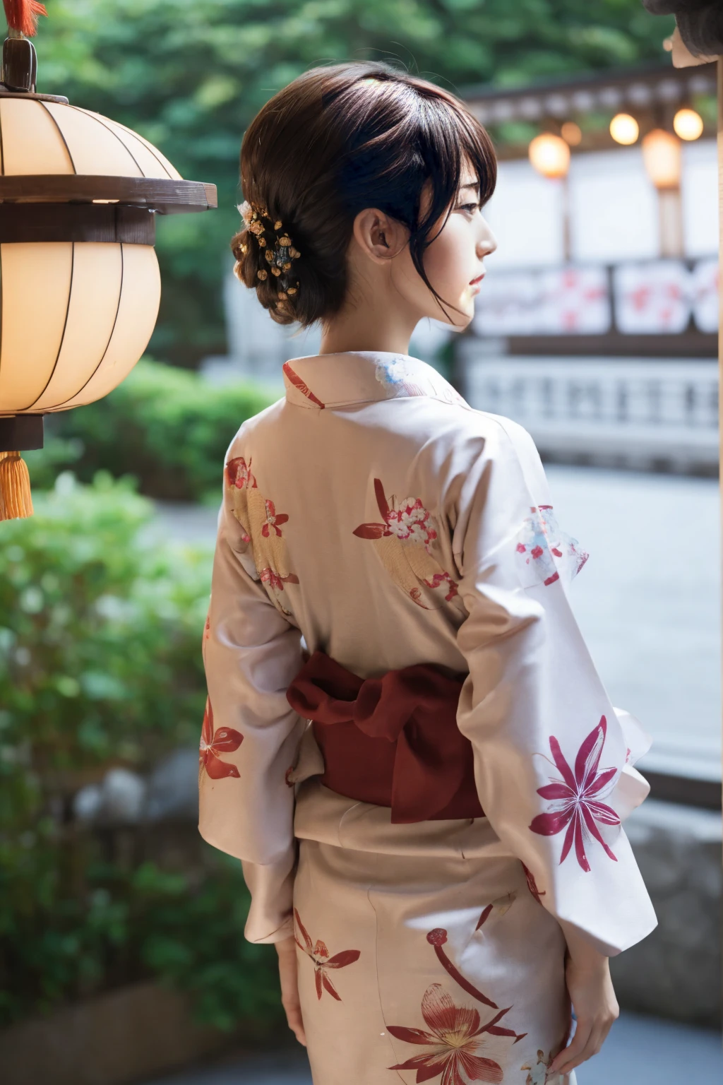 1 woman, hair up, short bob, 28 years old, Japanese, brown eyes, brown hair, slim figure, flat chest,
Blake
See-through yukata, summer festival, night, girl's back view,