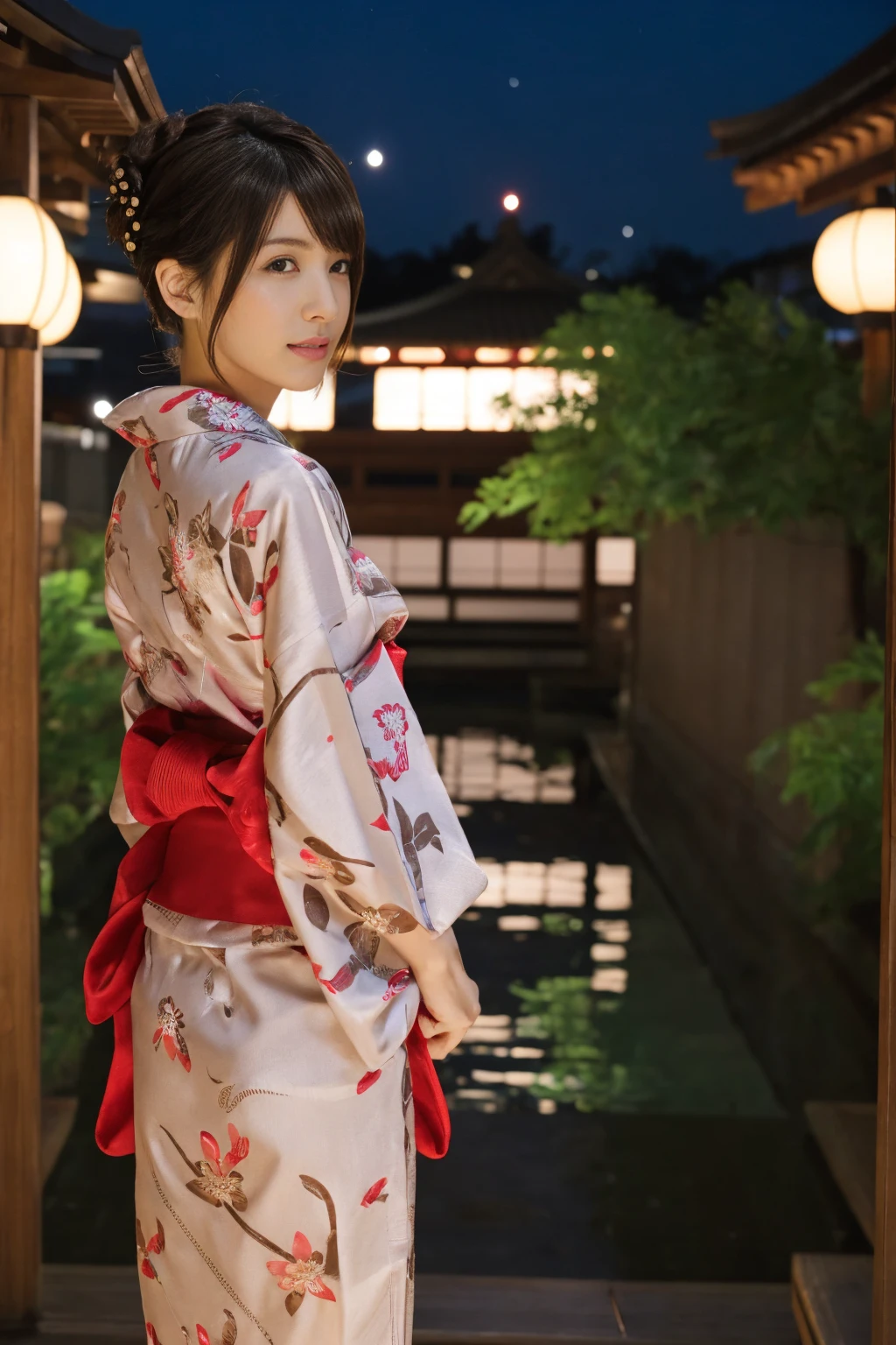 1 woman, hair up, short bob, 28 years old, Japanese, brown eyes, brown hair, slim figure, flat chest,
Blake
See-through yukata, summer festival, night, girl's back view,