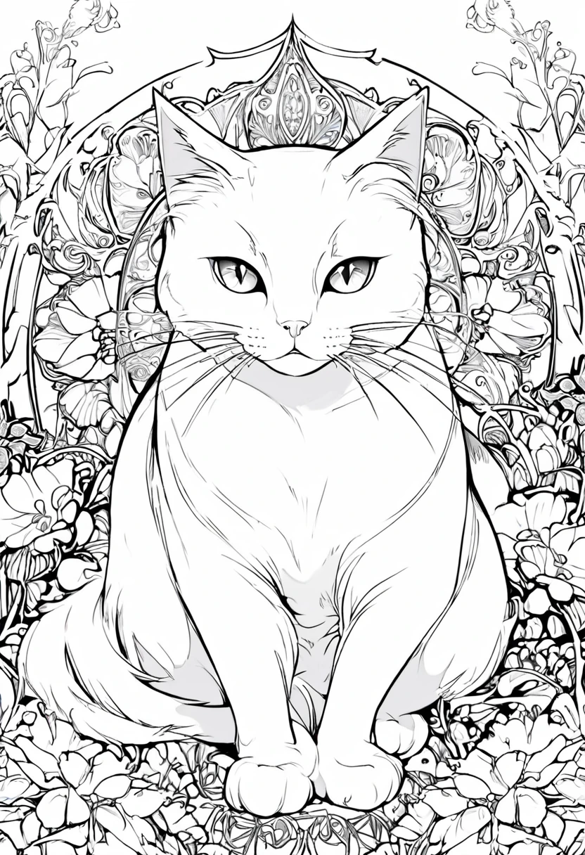 white and black cat with a white background, ploynesian, garden, art for coloring book page, full white background, only use outline, line art, clean line art, mandala for coloring with nature ornaments, simple and clean line art, adorned in Art Nouveau style, with a stroke of Alfons Mucha's brush, perfect details, real