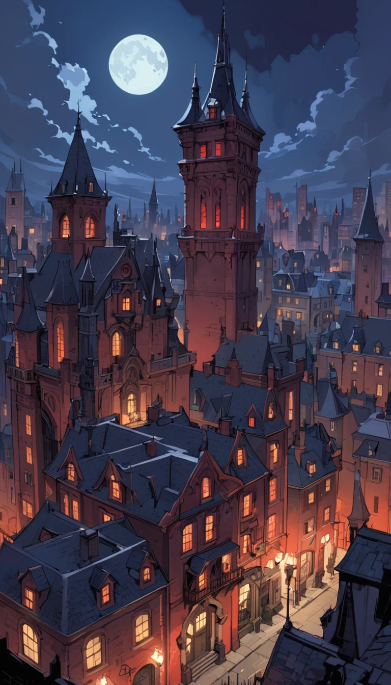 city of vampires: 1.5, night, great detail of buildings, towers,(art inspired Mike Mignola)
