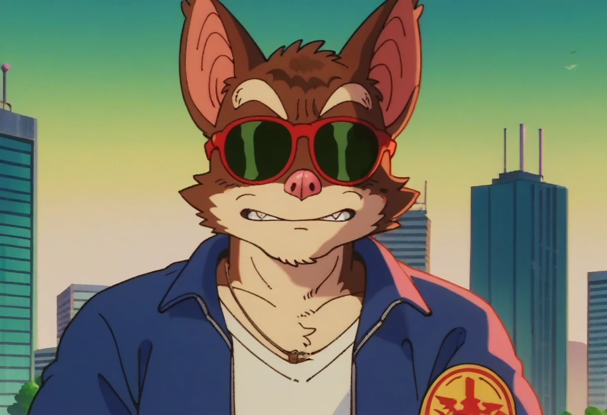 anime screencap,drgbls1, solo, anthro bat,sunglasses, blind, male,score_9, score_8_up, score_7_up, score_6_up, upper body, ,city