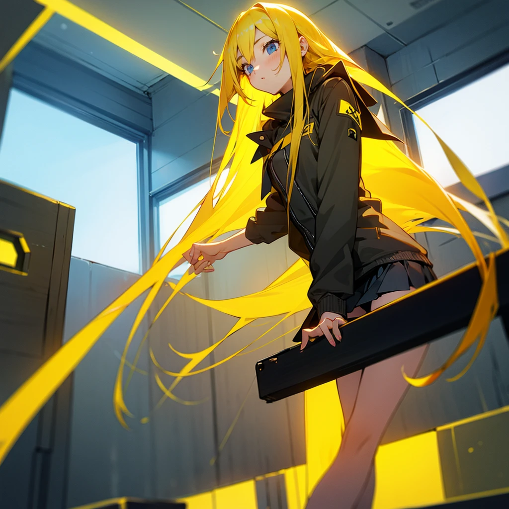 Girl in a miniskirt with long yellow hair in a room