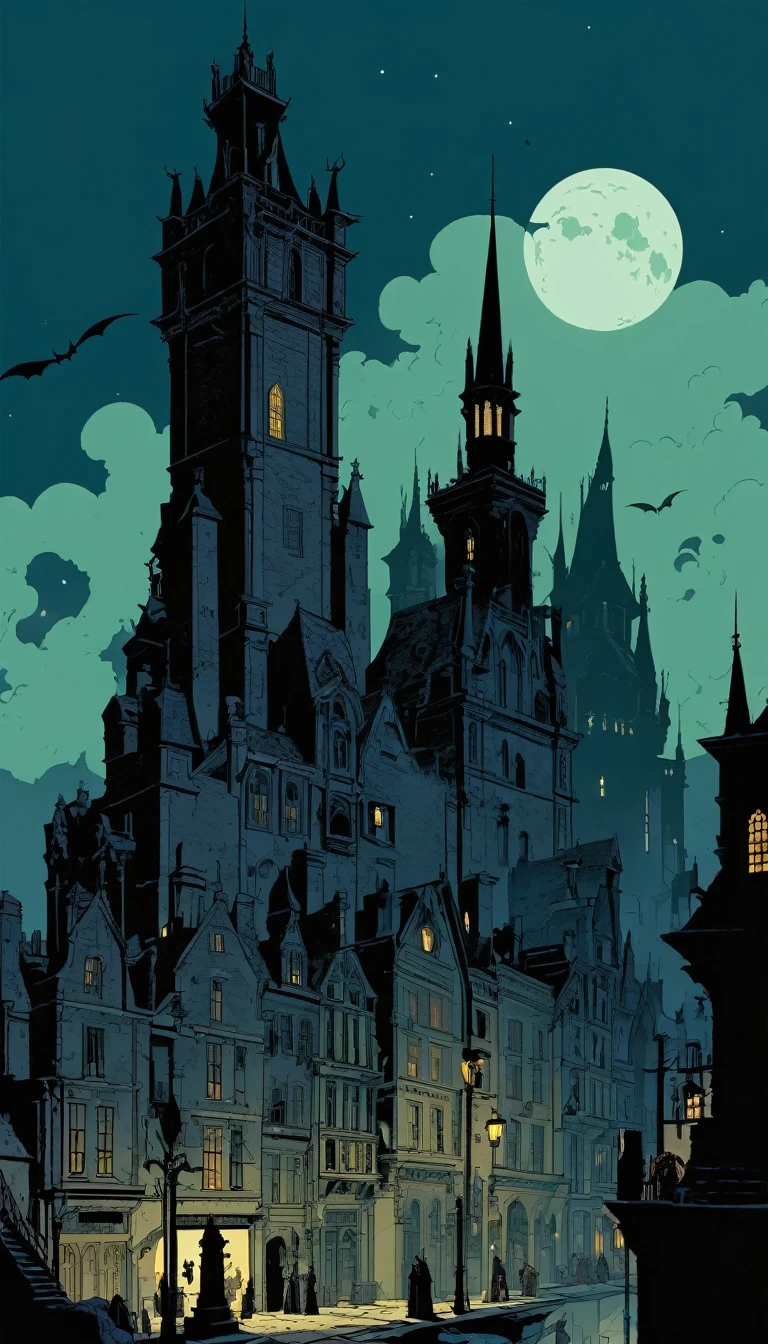 city ​​of vampires: 1.5, night, great detail of buildings, towers,(art inspired Mike Mignola)
