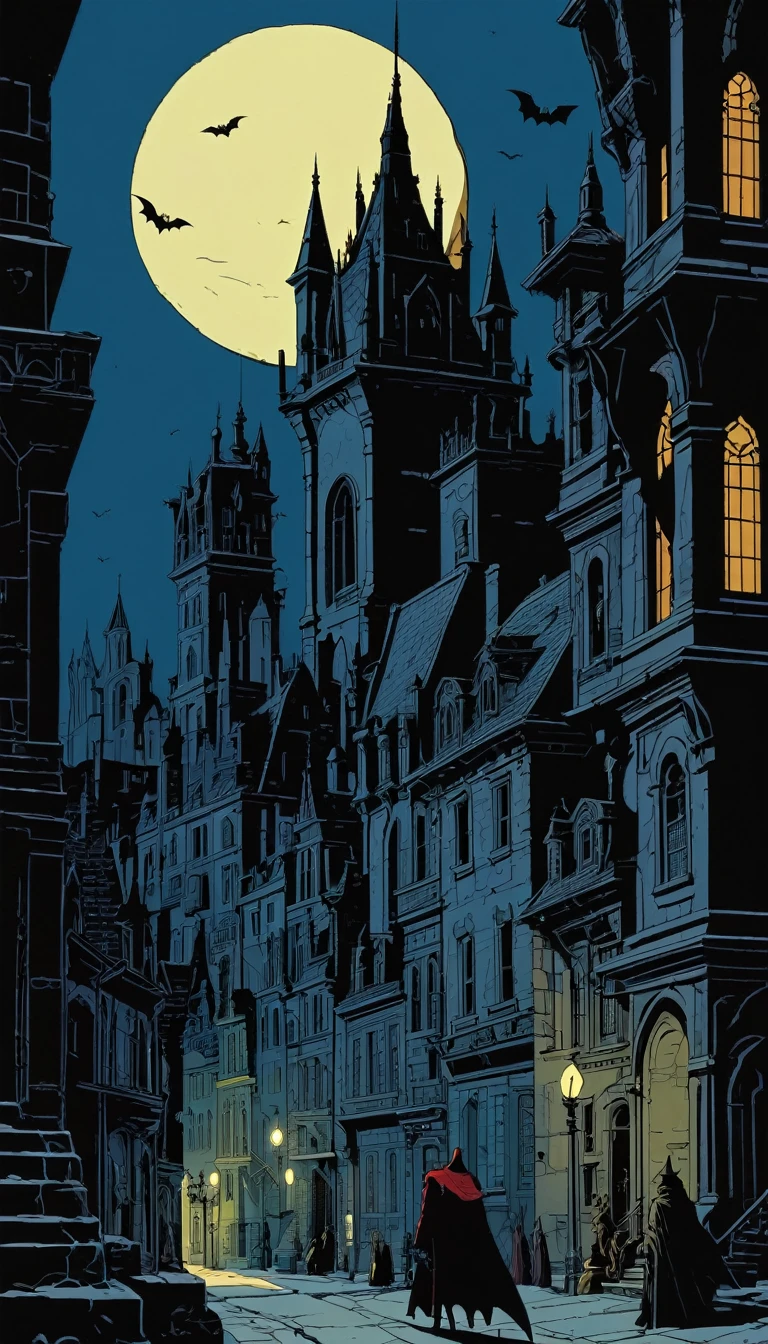 city of vampires: 1.5, night, great detail of buildings, towers,(art inspired Mike Mignola)