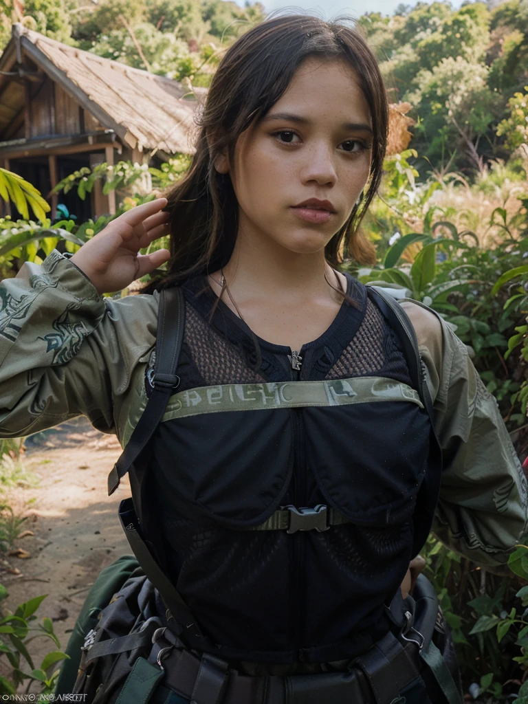 jenna ortega as lara croft, cinematic portrait, intricate detailed face and expression, piercing eyes, strong facial features, confident pose, adventurous outfit with utility pockets, rugged backpack, tropical forest background, dramatic lighting, vibrant colors, cinematic composition, highly detailed, photorealistic, 8k