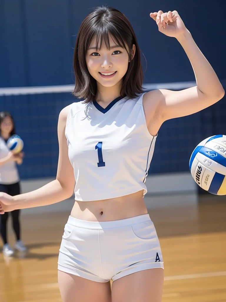 Glossy thighs、(8K、top-quality、masterpiece:1.2)、(realisitic、Photorealsitic:1.37)、ultra-detailliert、top-quality、超A high resolution、professionally lit、Photon mapping、Radio City、physically-based renderingt、Cinematic lighting、depth of fields,Focusing,Sun'rays,Good composition,,(((1 girl of 12 years))),Double eyes、(((white Volleyball uniform 、Dark blue high-leg low-rise bloomers)))、Gymnasium、A big smile、Gymnasium Court, (Tween model, 12 year old girl, young)), Ethereal beautiful, slim, very beautiful short hair,Colossal tits、 Toned abs, short cut hair、Soft light, ((David Hamilton Style)),