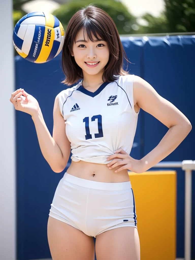 Glossy thighs、(8K、top-quality、masterpiece:1.2)、(realisitic、Photorealsitic:1.37)、ultra-detailliert、top-quality、超A high resolution、professionally lit、Photon mapping、Radio City、physically-based renderingt、Cinematic lighting、depth of fields,Focusing,Sun'rays,Good composition,,(((1 girl ))),Double eyes、(((white Volleyball uniform 、Dark blue high-leg low-rise bloomers)))、Gymnasium、A big smile、Gymnasium Court, (Tween model, 12 year oldg)), Ethereal beautiful, slim, very beautiful short hair,Colossal tits、 Toned abs, short cut hair、Soft light, ((David Hamilton Style)),