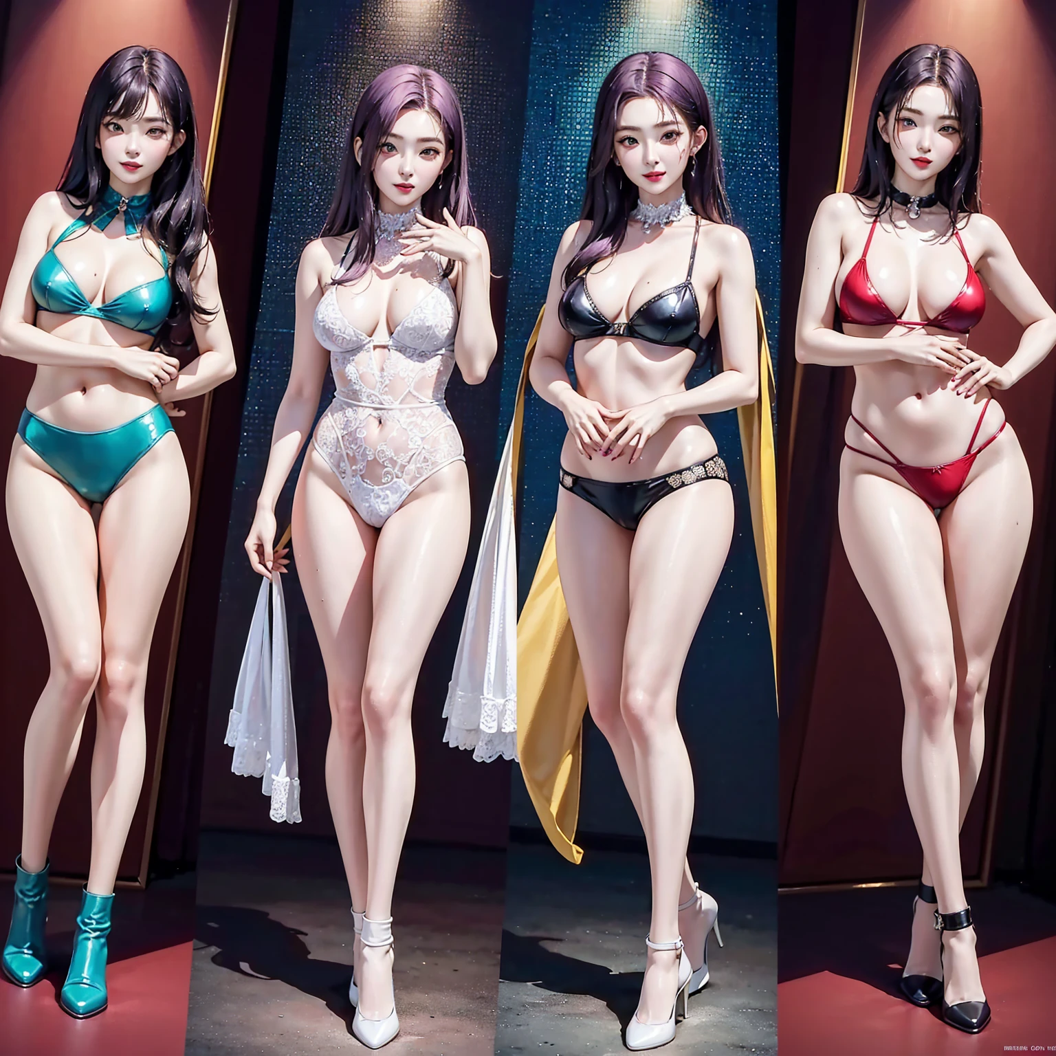 (Finest quality)),(A high resolution),(ultra-detailed art),(Meticulous portrayal),((Best Anime)),(Finest works of art),sharpness,Clear,Ultra-Precision Art,The art of astounding depiction,(masterpiece), high quality, stable diffusion, 

short Hair, short ponytail, purple hair, vibrant purple hair, extremely detailed hair, detailed bangs, with bangs, 
black hair, blonde hair, red hair,
pretty face, beautiful lips, soft lips,pretty face, close up face, gorgeous beauty, 
green eyes,
serious face, pretty nose, beautiful nose, perfect nose, pretty eyes, beautiful eyes, sparkling eyes, detailed eyes, perfect eyes, looking at the camera,

happy, jolly, smiling, seductive, blushing, bukake, happy face, jolly face, excited face,


clear skin,white skin, soft skin, small bust, small breasts, smooth skin, mole in breast, 
beautiful girl irene, red velvet irene, 

slight cleavage, expose shoulders, perfect body, detailed thighs, detailed legs, perfect hands, perfect arms, detailed hands, detailed breasts, detailed nose, detailed lips, detailed arms, sexy body, 


show tongue, sexy thighs, sexy tongue, drooling, 
show whole body, fully body woman, 
pretty woman,sweaty face, sweaty thighs, sweaty breasts, sexy, seductive, horny, pointy nipples, 

micro bikini, micro bra, micro panty, transparent bra, transparent panty, cameltoe, dripping nipples,


slimy hair, slimy wet body, slimy body, slimy breasts, wet breasts, wet panties, wet thighs,
body details,
standing full body, full body image from head to toe,
show legs, show thighs, cute standing female, horny female, 

happy friends laughing hard,
four horny girls, four girls standing seductively, four girls with different hair colors, sexy girls,

girls wearing high-cut boots, sexy girl models, legs apart, feet apart, hands in waist, hands in hips, different standing poses, side stand, walking pose, group of sexy female models,	

