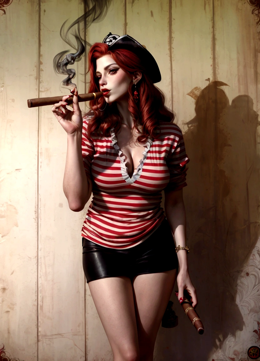 araffe dressed in a pirate outfit smoking a cigar, with cigar, grumpy spinster ( redheadwear, amaranth, better known as amaranth, while smoking a cigar, subject action: smoking a cigar, young beautiful amaranth, Poster, smoking body, retro Poster model, Poster style, dramatic smoking pose, redheadwear, smoking a big cigar