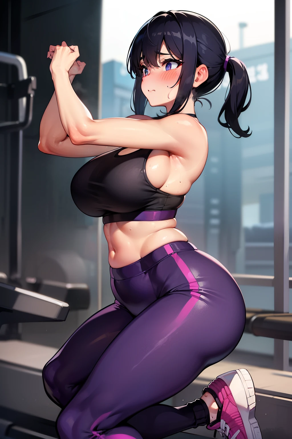 gym, workout, hot, hot, sweating, sweaty, tan, big , tan skin, flustered, blush, running in yogapants, running, hot pants, black hair, purple clothes clothes, see thru, purple pants, yoga pants,, on treadmill, (((inside gym))), curvy woman, huge , sexy, on treadmill, curvy woman, , solo woman, jogging, taking a jog, running, (((front view))) long pants, long yoga pants