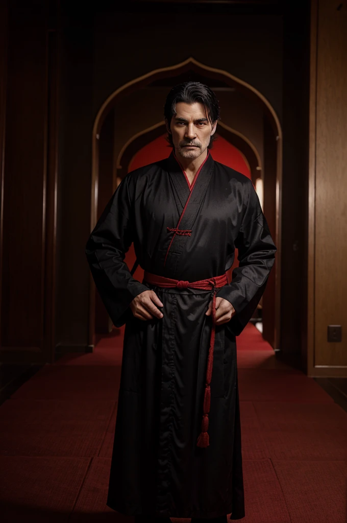 He wore a black and red robe and had tai chi. ,Sect master ,Dark theme , Coldly handsome , Living in a palace like a eunuch 